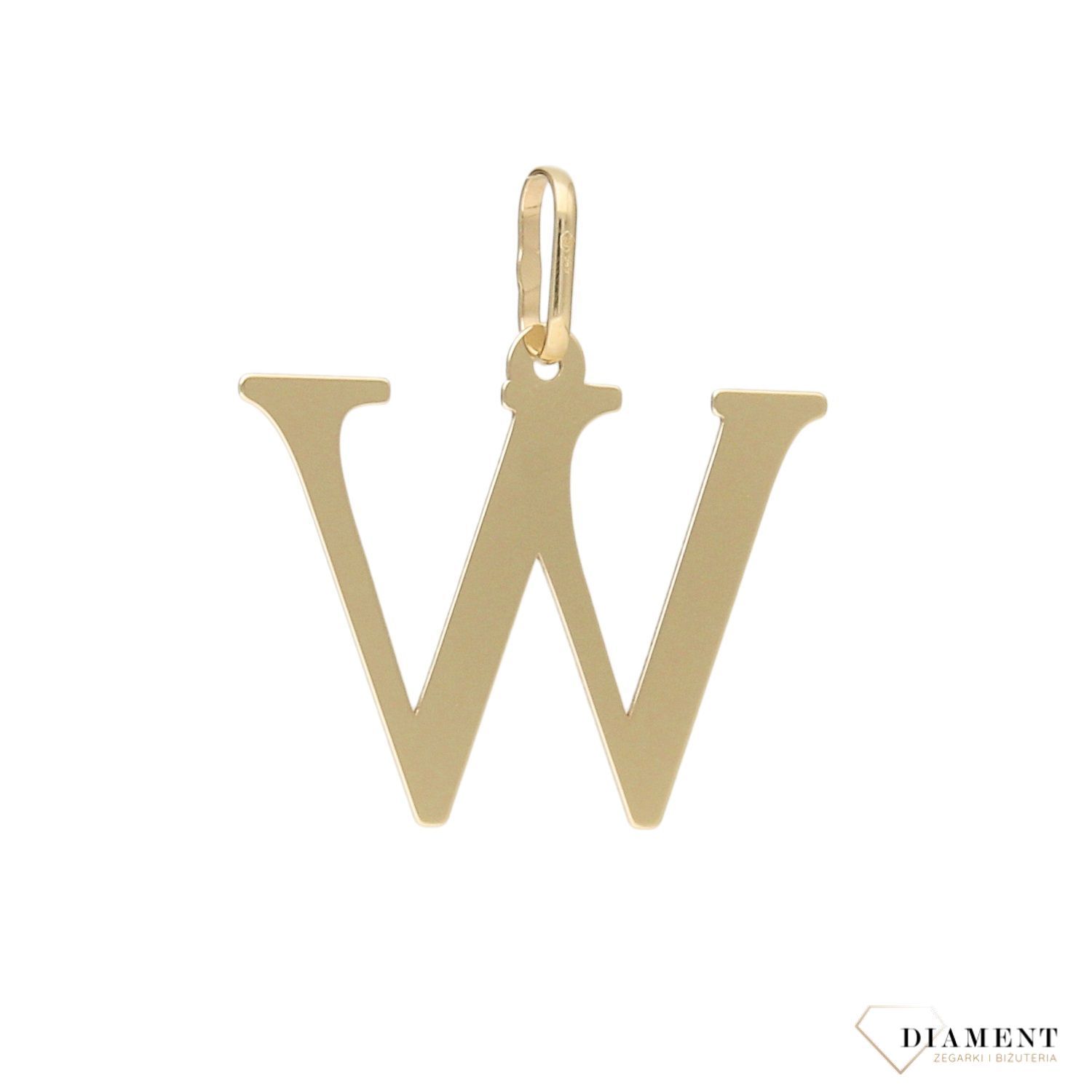 Złoty wisiorek wykonany z 14-karatowego żółtego złota. Zawieszka w kształcie litery W..jpg